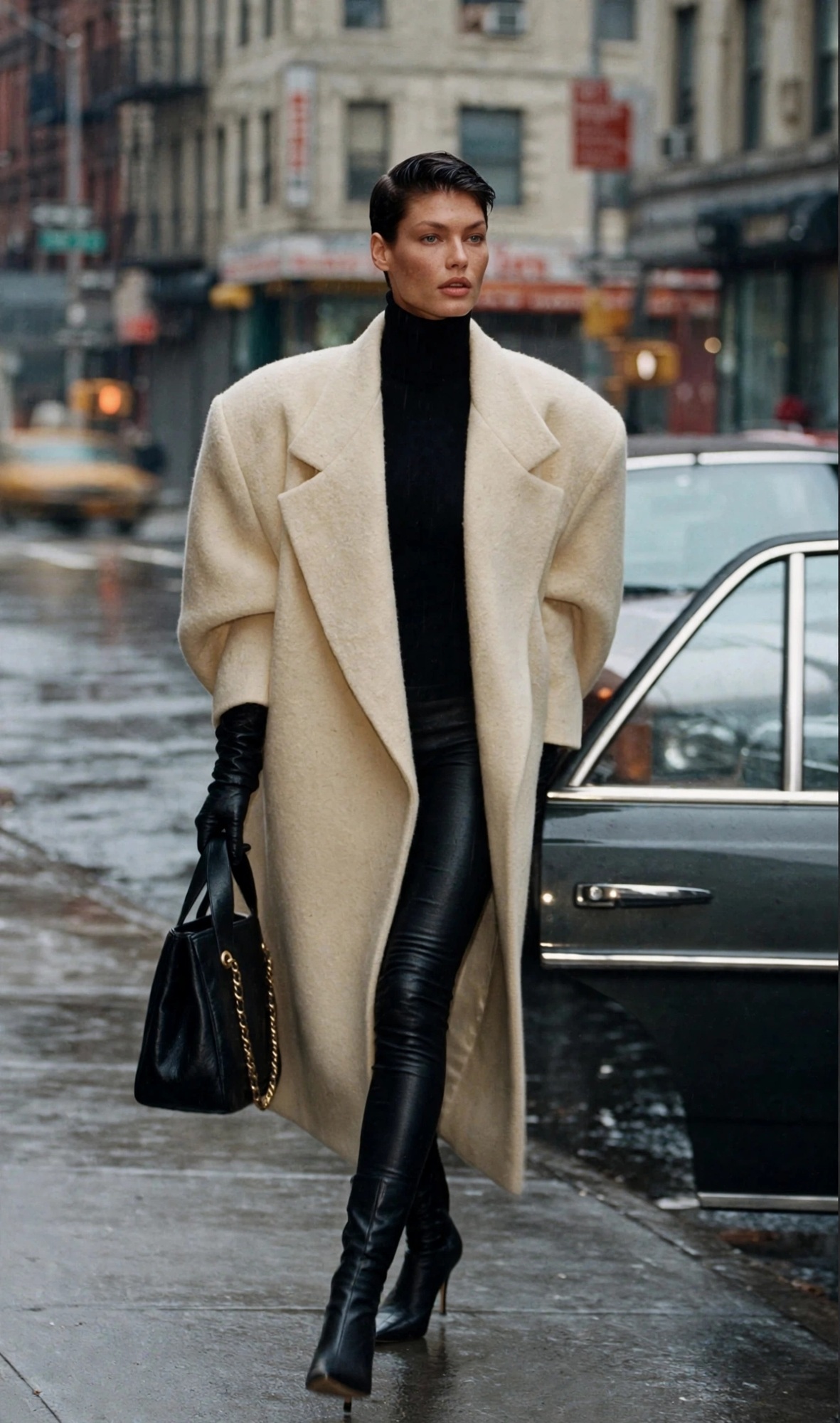 CHANEL independent concept, cream coat and leather gloves beside a vintage car