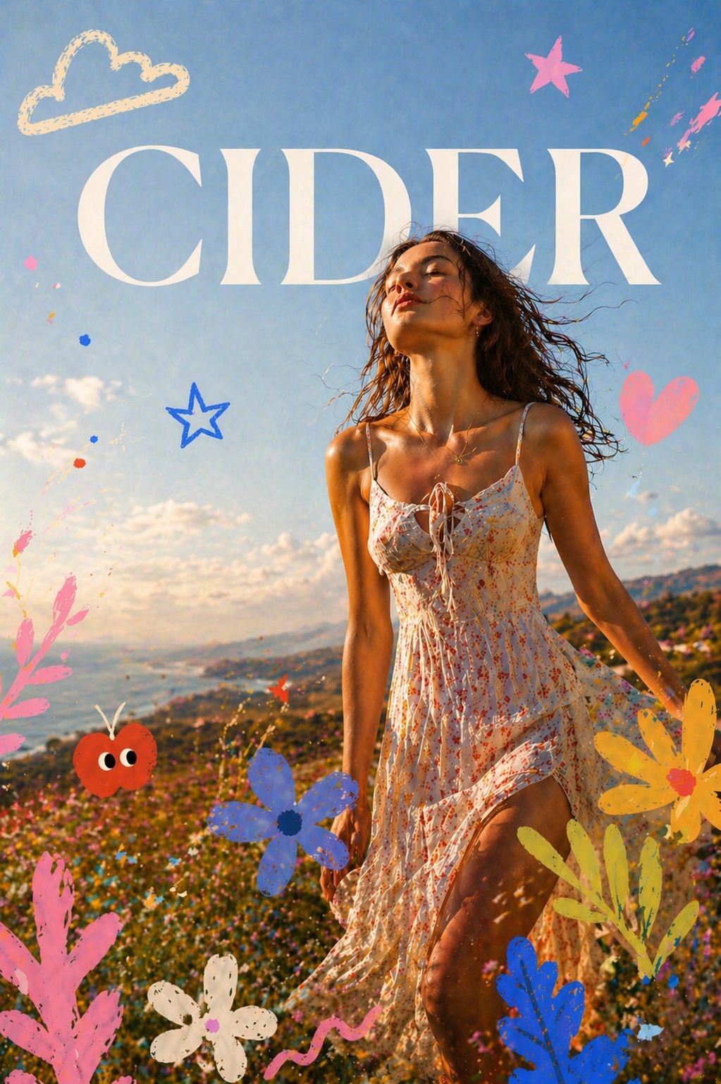 CIDER fashion visual with floral artwork and logo