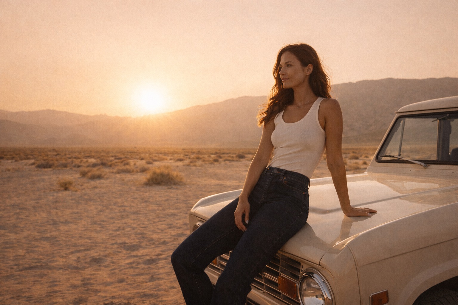 Denim fashion portrait beside a vintage car at desert sunset