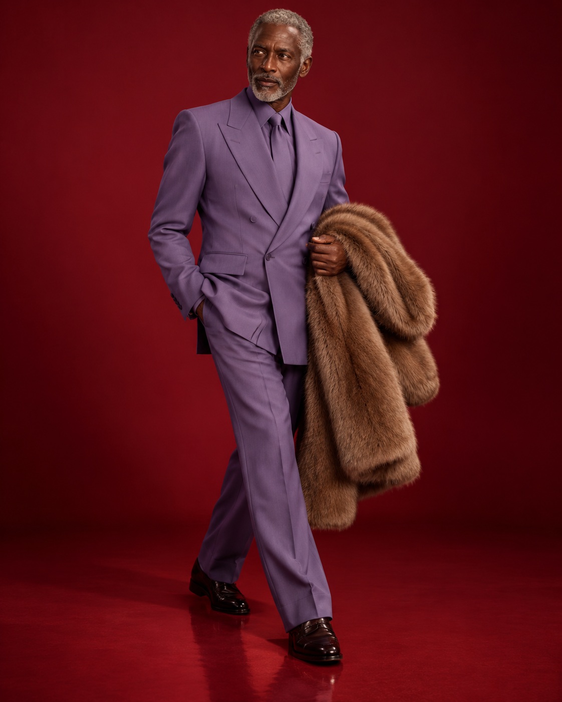 Full length fashion portrait in purple tailoring