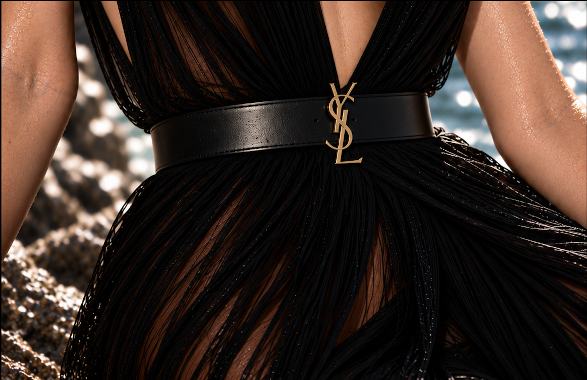 YSL A Love Story, gold belt detail and black pleated dress