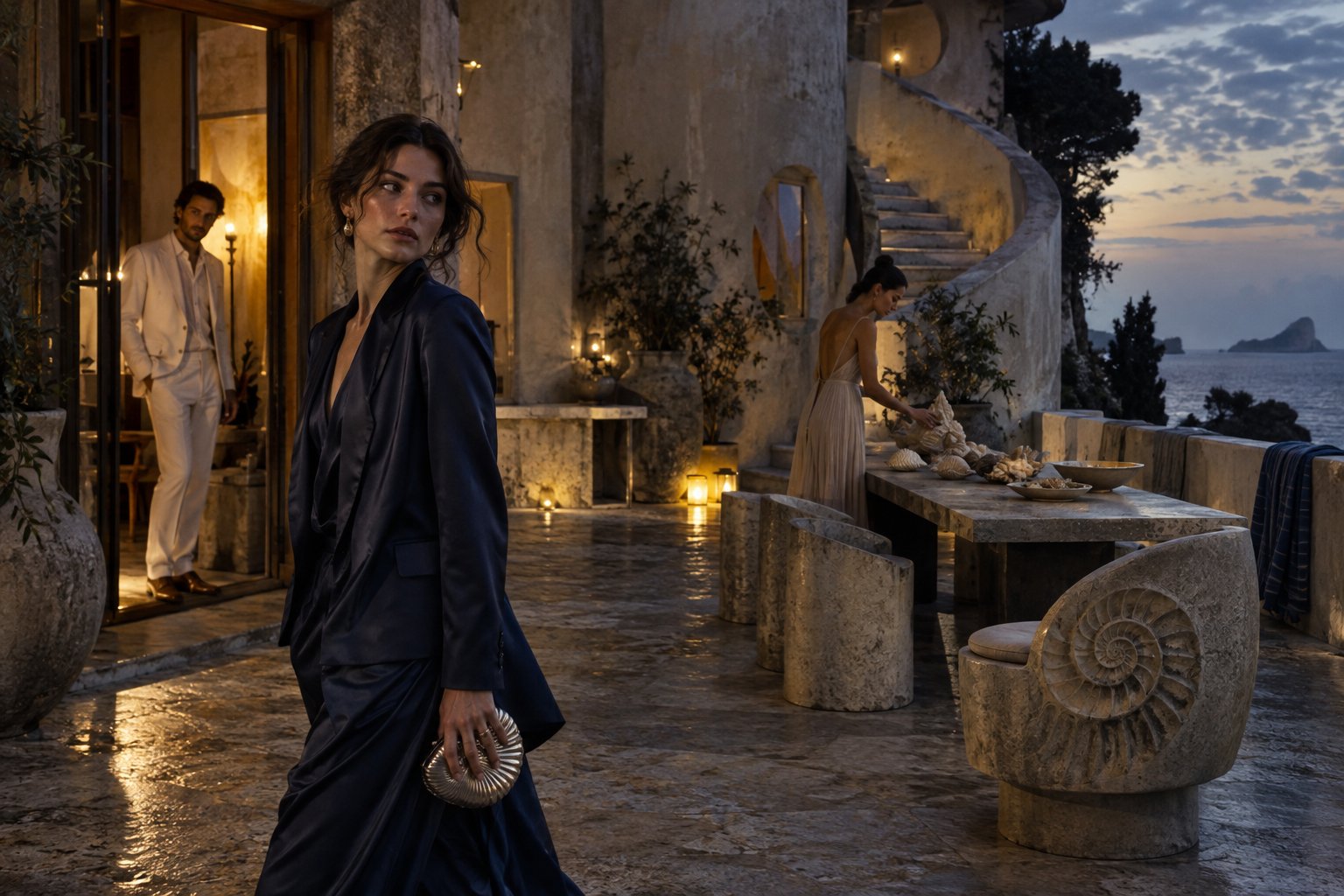 Three characters in a coastal courtyard with shell motifs connecting fashion, furniture and architecture.