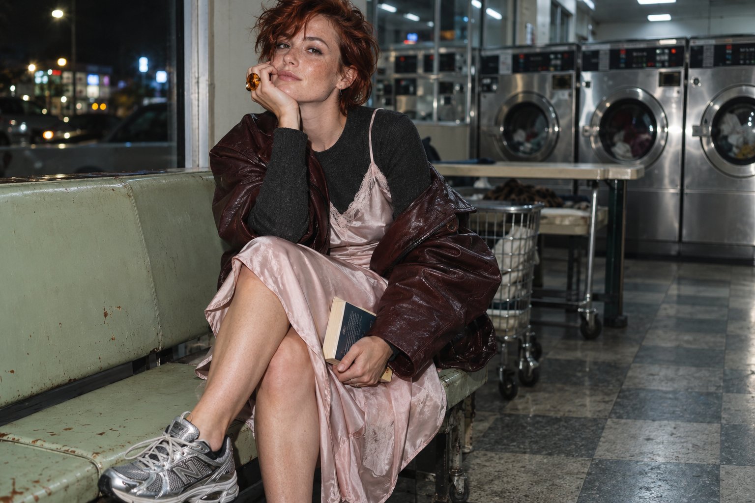 Woman in a pink slip dress, leather jacket and silver sneakers sitting in a laundromat.