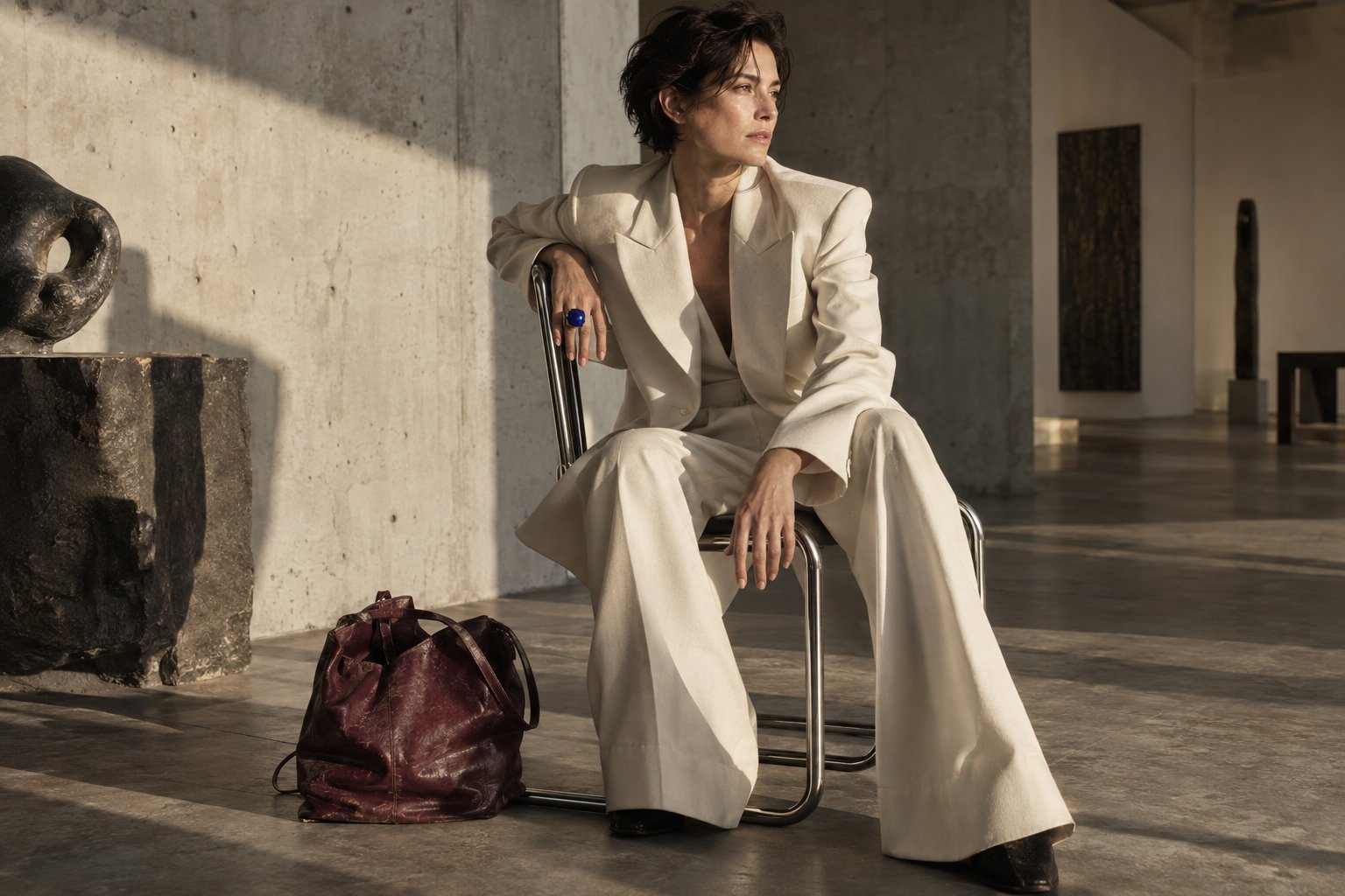 Woman in an ivory tailored suit with a cobalt ring, seated in a sunlit concrete gallery.