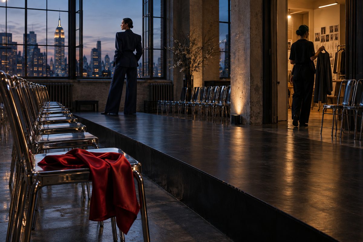 An imagined fashion venue at dusk, with empty chairs, a red scarf and a garment being carried toward a workroom.