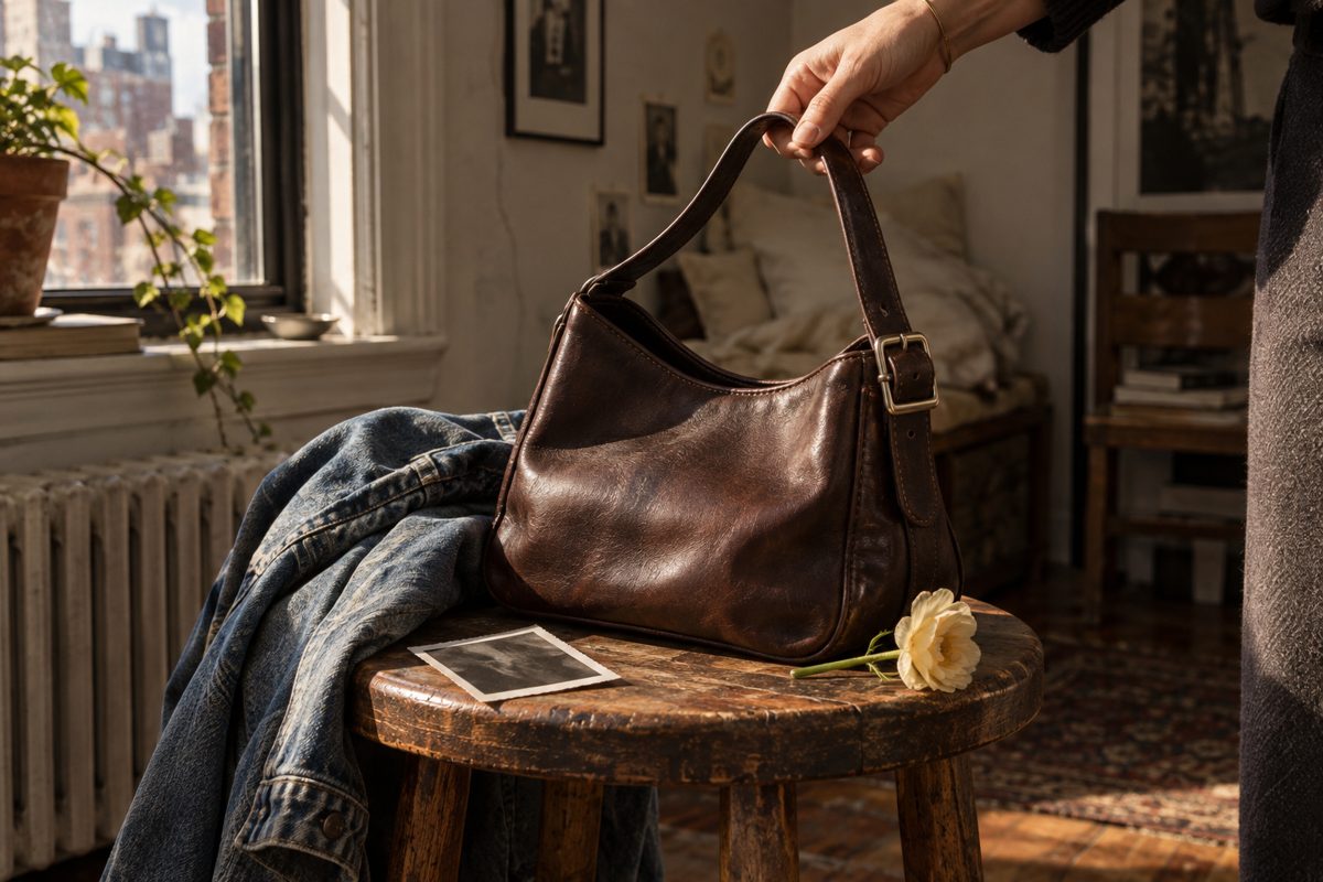 A hand lifts an unbranded brown leather bag from a wooden stool beside denim and a flower.