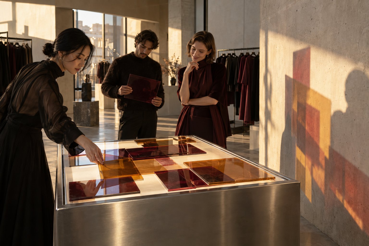 Visitors arrange translucent colored tiles on a light table inside an imagined fashion boutique.