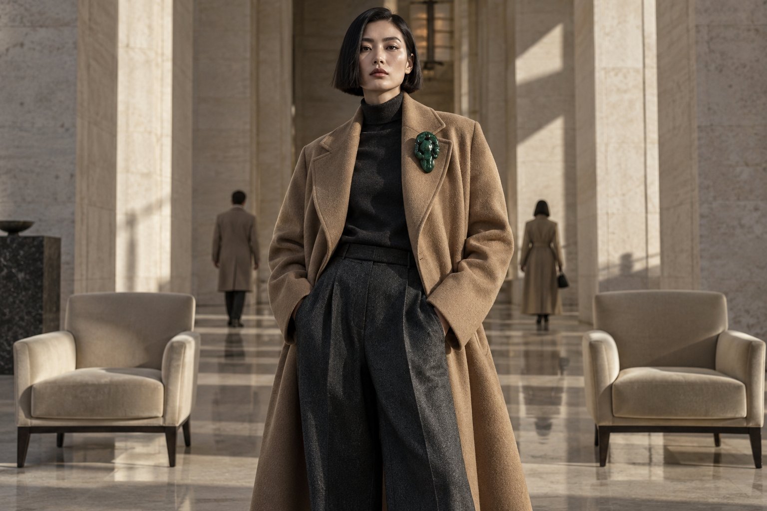 Woman wearing a camel coat and sculptural green brooch in a symmetrical limestone lobby.
