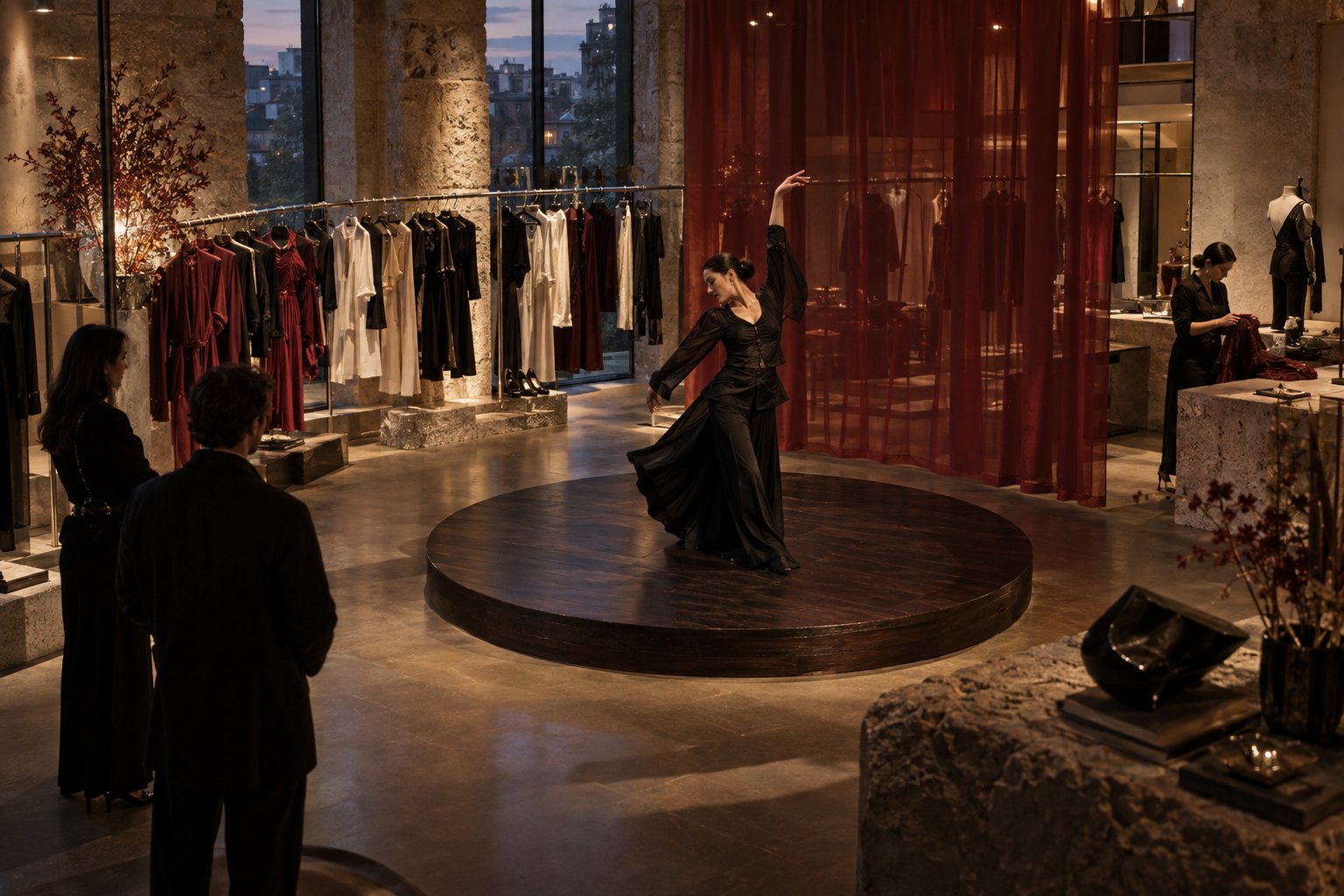 Dancer performs on a circular platform inside an imagined fashion boutique while visitors watch.
