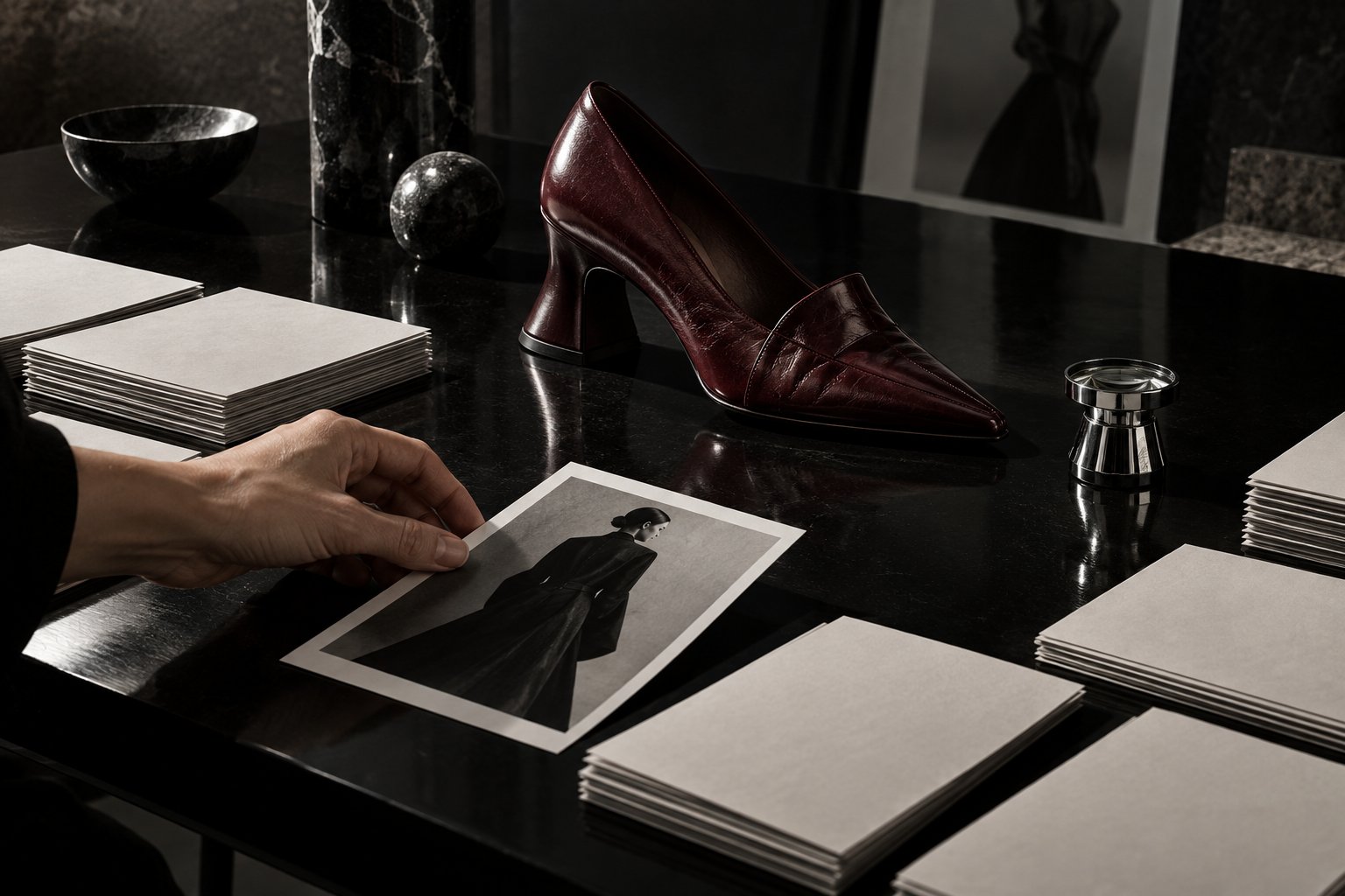 A hand selects a fashion photograph beside an oxblood shoe and stacks of prints on a black table.