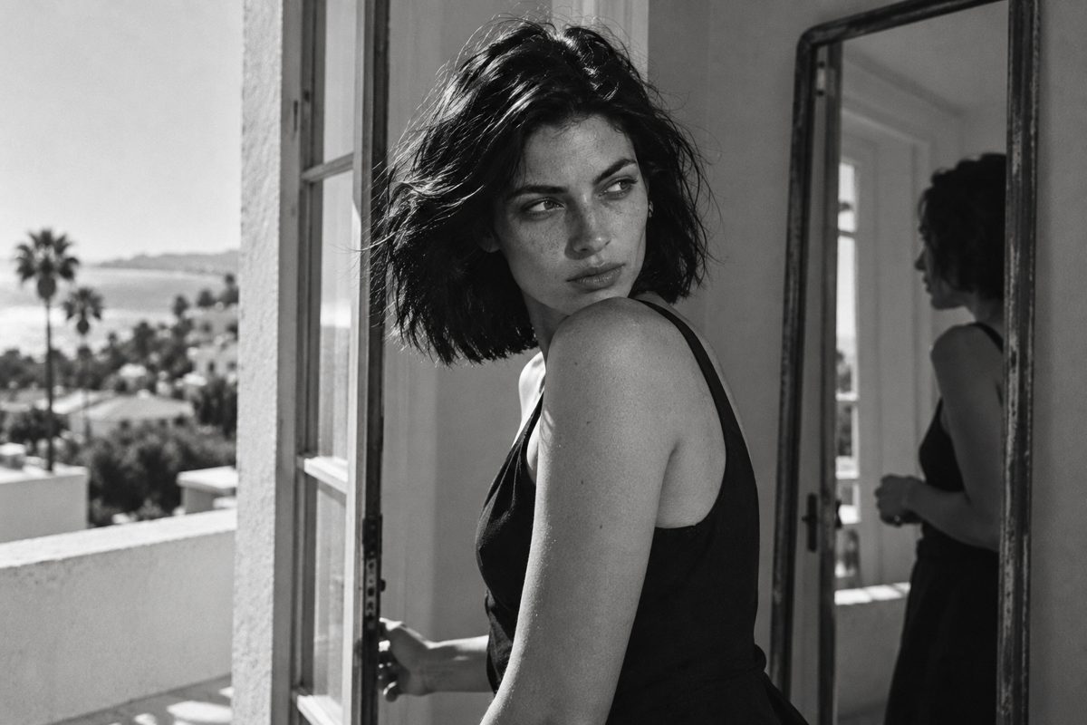 A woman in a black dress beside an open balcony door and a tall mirror.